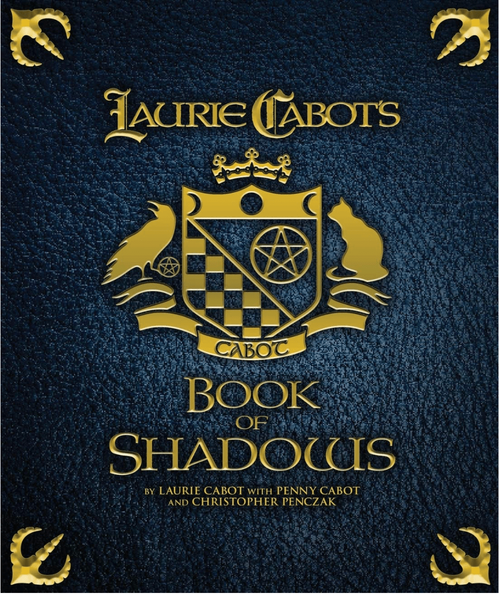 Cover of 'Book of Shadows' by Laurie Cabot, decorated with gold crest on textured blue background.
