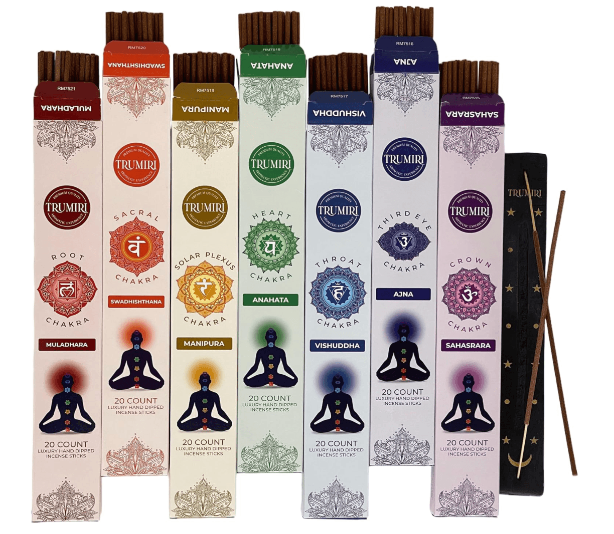 Set of six boxes of Trumiri incense sticks labeled with different chakras and themes, each containing 20 hand-dipped luxury incense sticks, with a black velvet pouch and wooden sticks on the side.