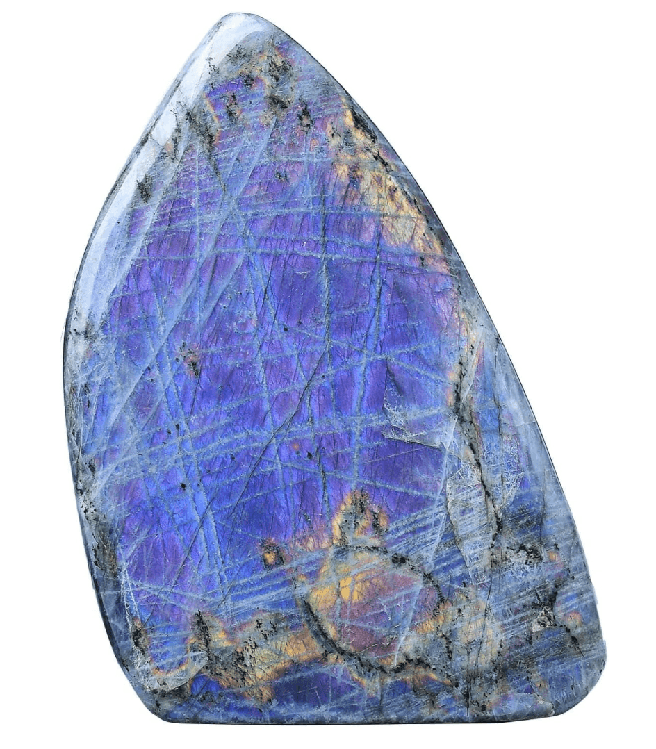 Close-up of an iridescent, polished mineral or gemstone with purple, blue, and orange hues and visible internal cracks.