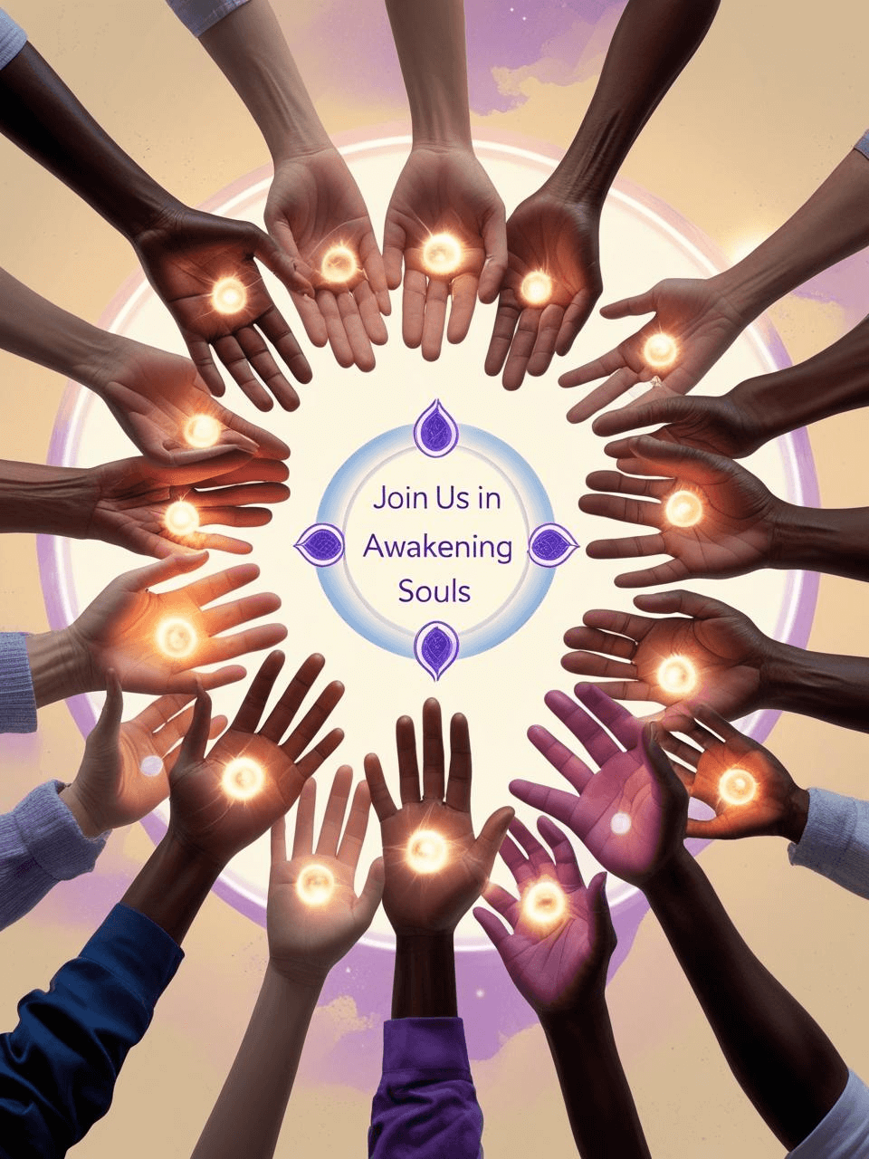 Multiple diverse hands with glowing fingertips arranged in a circle around a central message that reads, 'Join Us in Awakening Souls.'