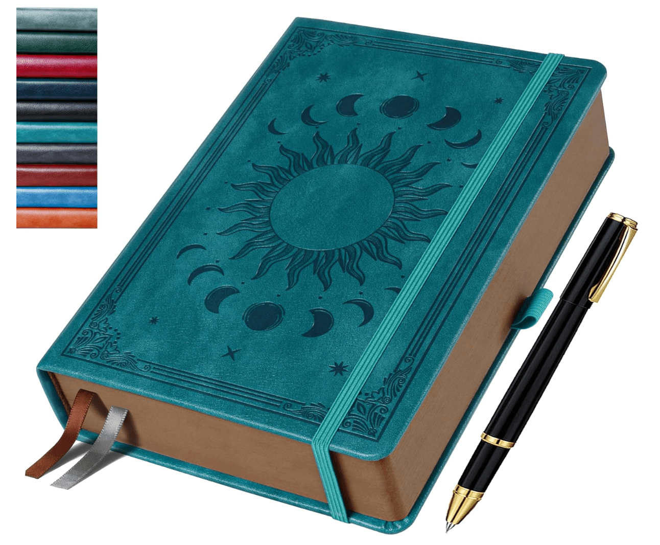 A teal hardcover journal with moon phases and a sun design on the cover, a black and gold pen, and colorful ribbon bookmarks.