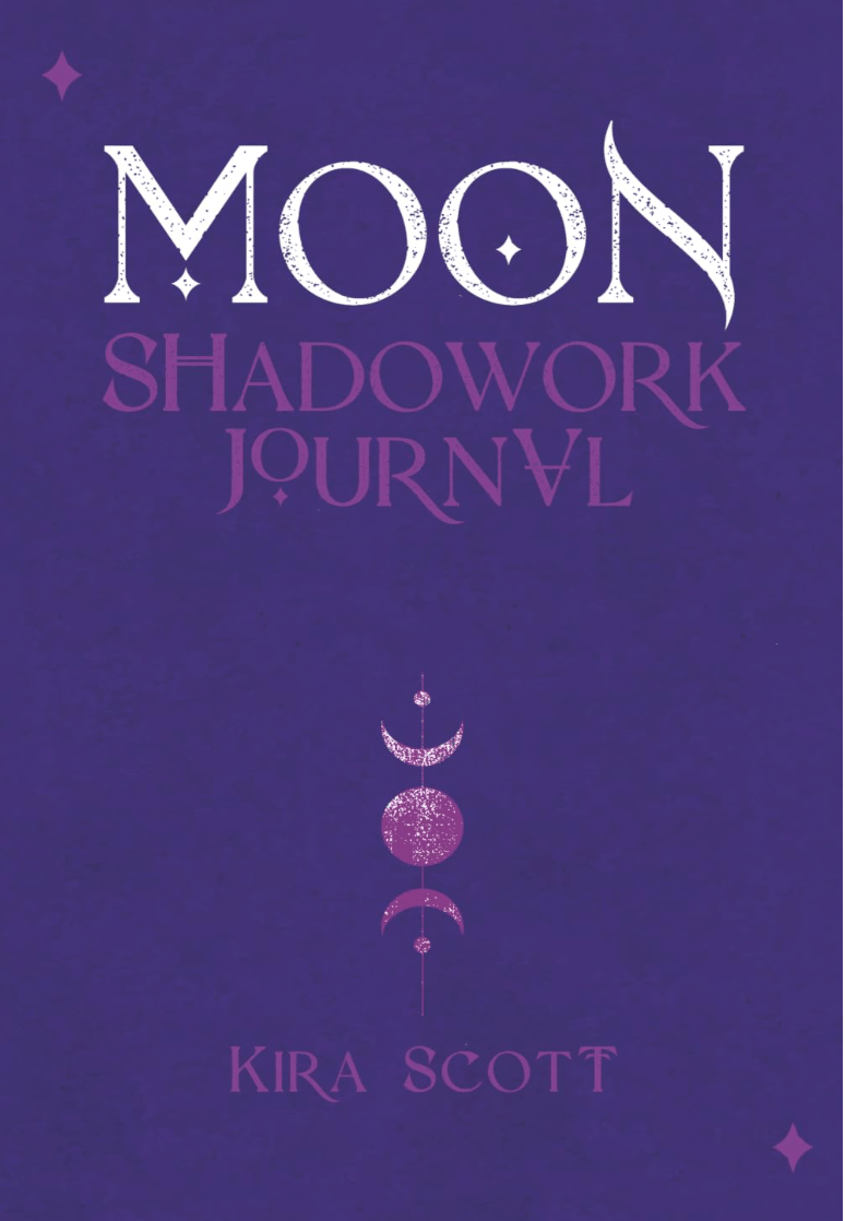 Book cover titled 'Moon Shadowwork Journal' by Kira Scott, with purple background and moon phases graphic