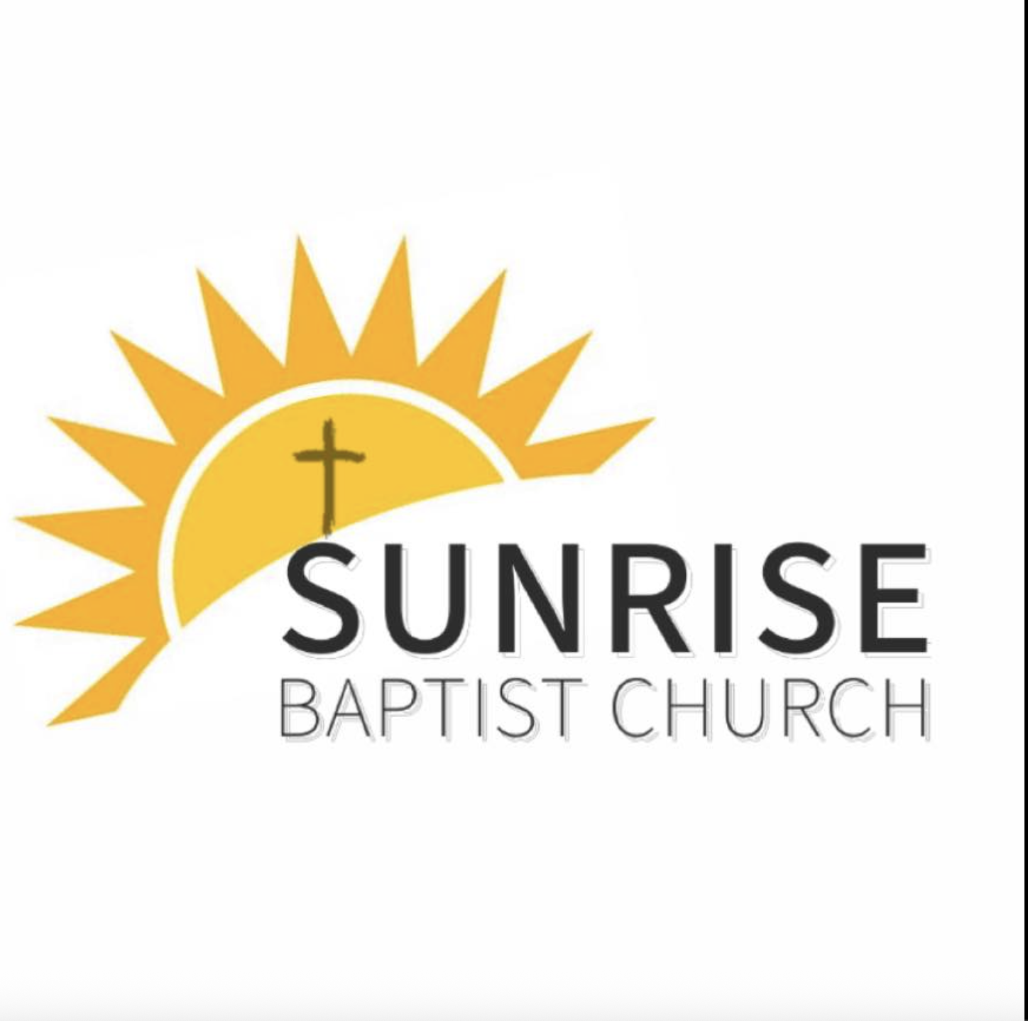 Logo of Sunrise Baptist Church featuring a yellow sun with rays, a cross on the sun, and the church name below.