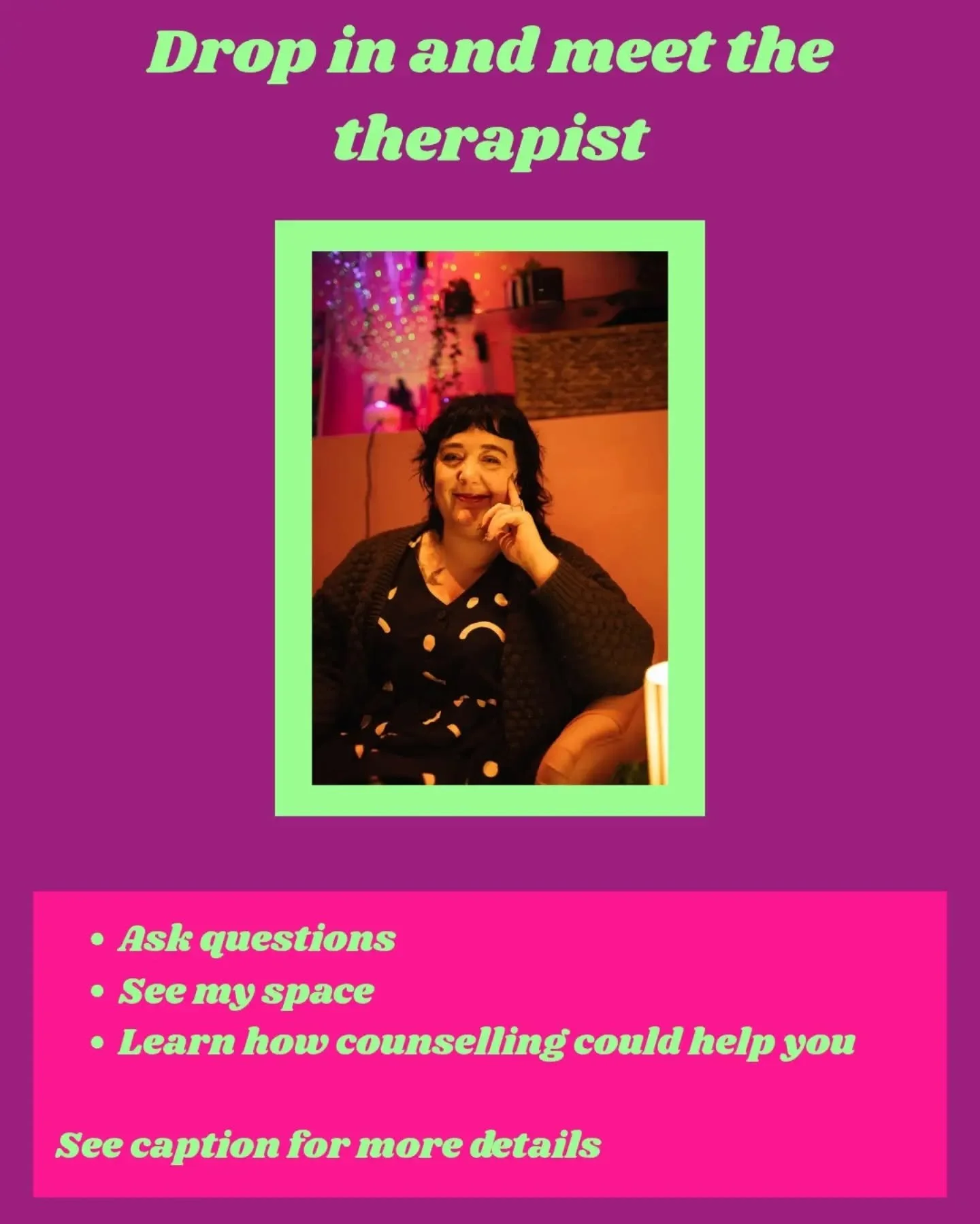 Are you interested in counselling but not sure if it's right for you? Got questions about what sessions might look like?

Come and meet me @lavatanningandco for a chat- no obligation to go ahead with anything but a chance to see my room, ask away and