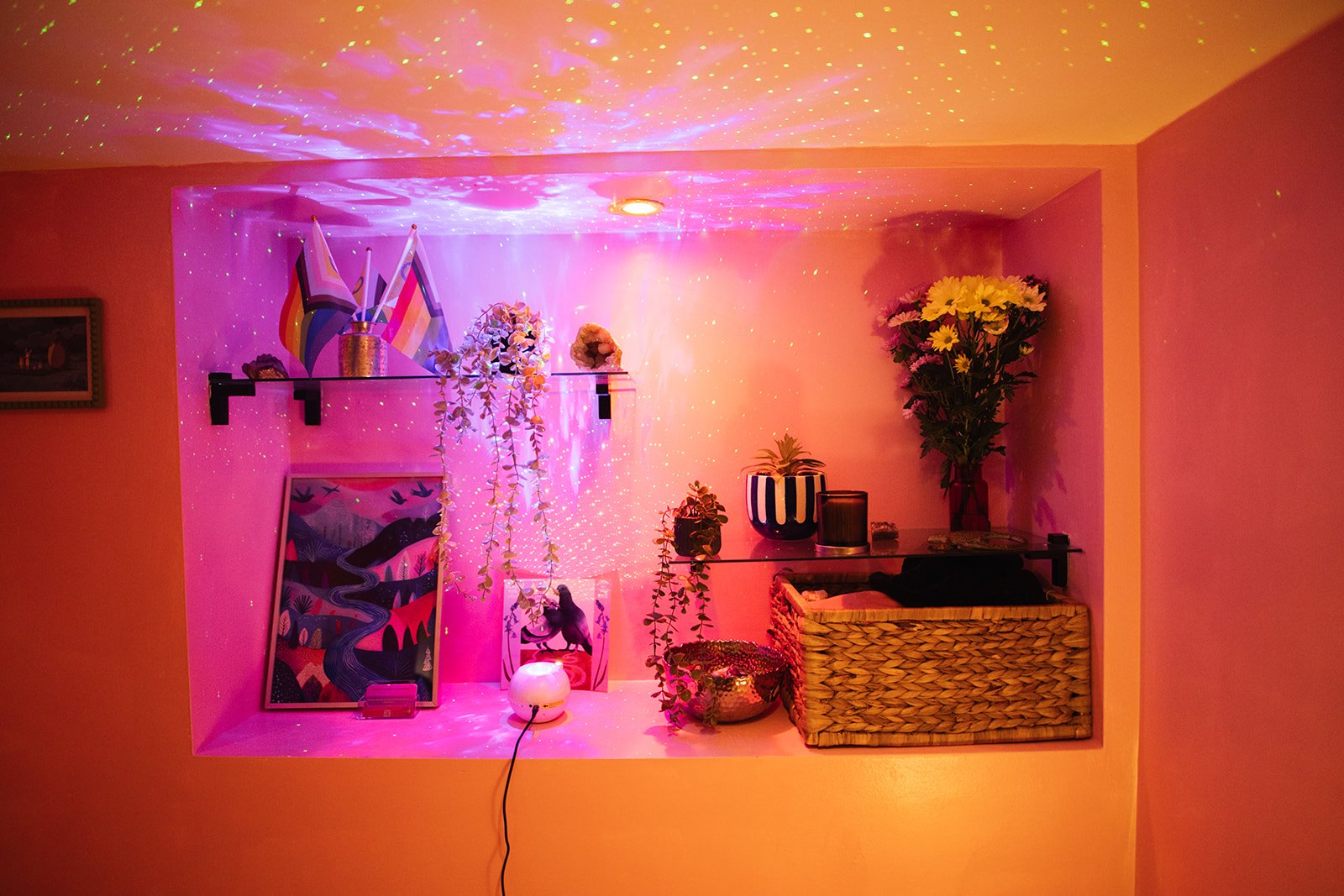 A close up of a counselling room painted pink, showing art, plants, flowers and a vase containing LGBTQIA+ pride flags