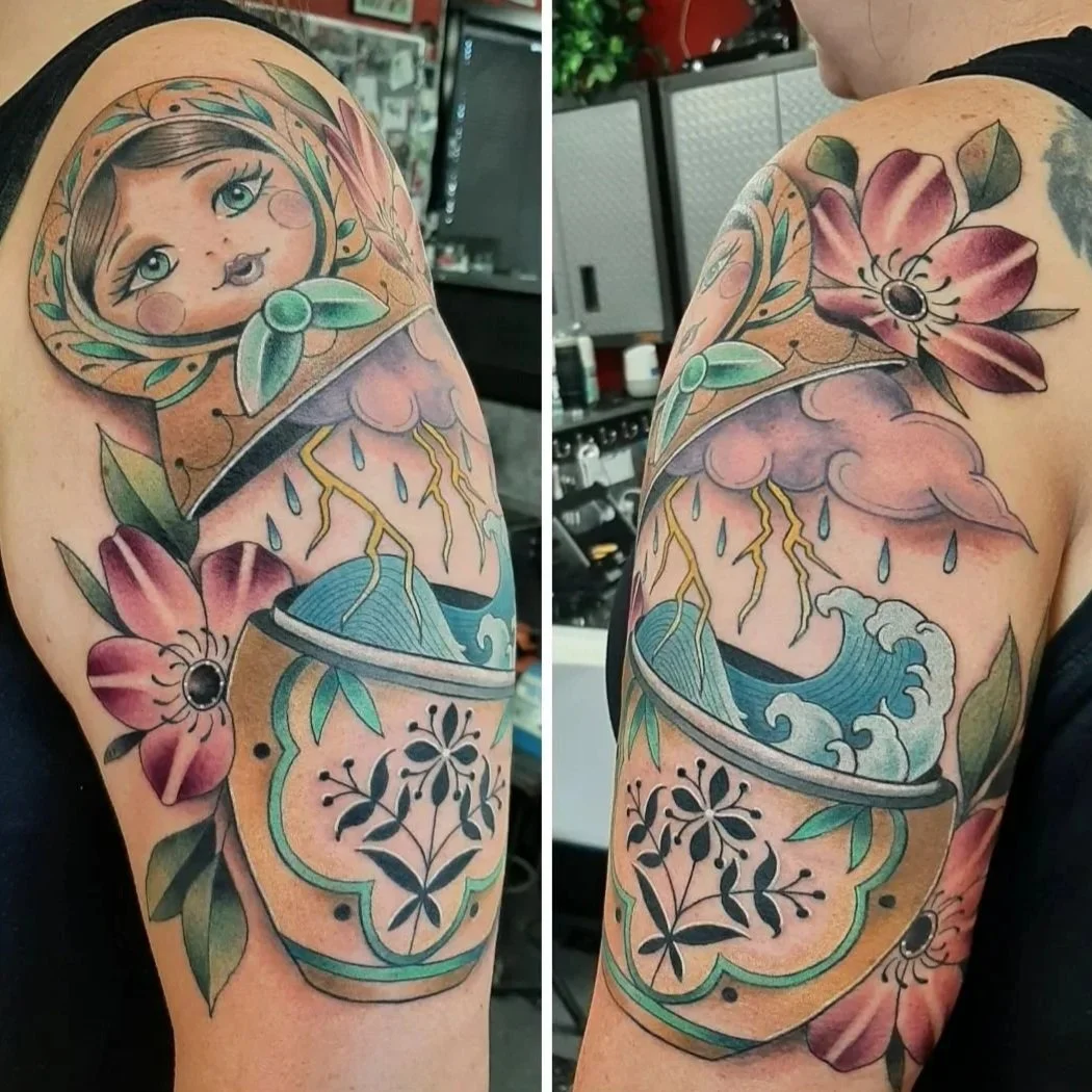 Illustrative matryoshka doll tattoo with a thunderstorm scene inside, surrounded by detailed flowers in a neo-traditional style