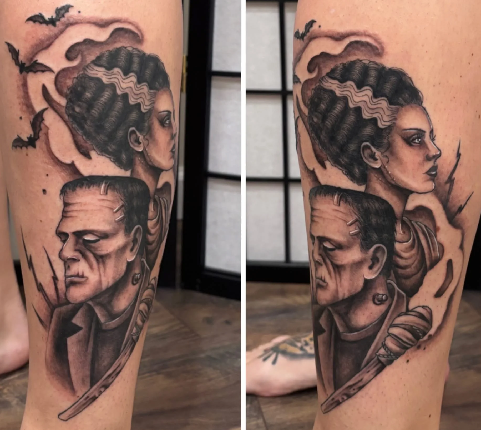 Illustrative tattoo featuring Frankenstein's Monster and Bride of Frankenstein in a classic high contrast style