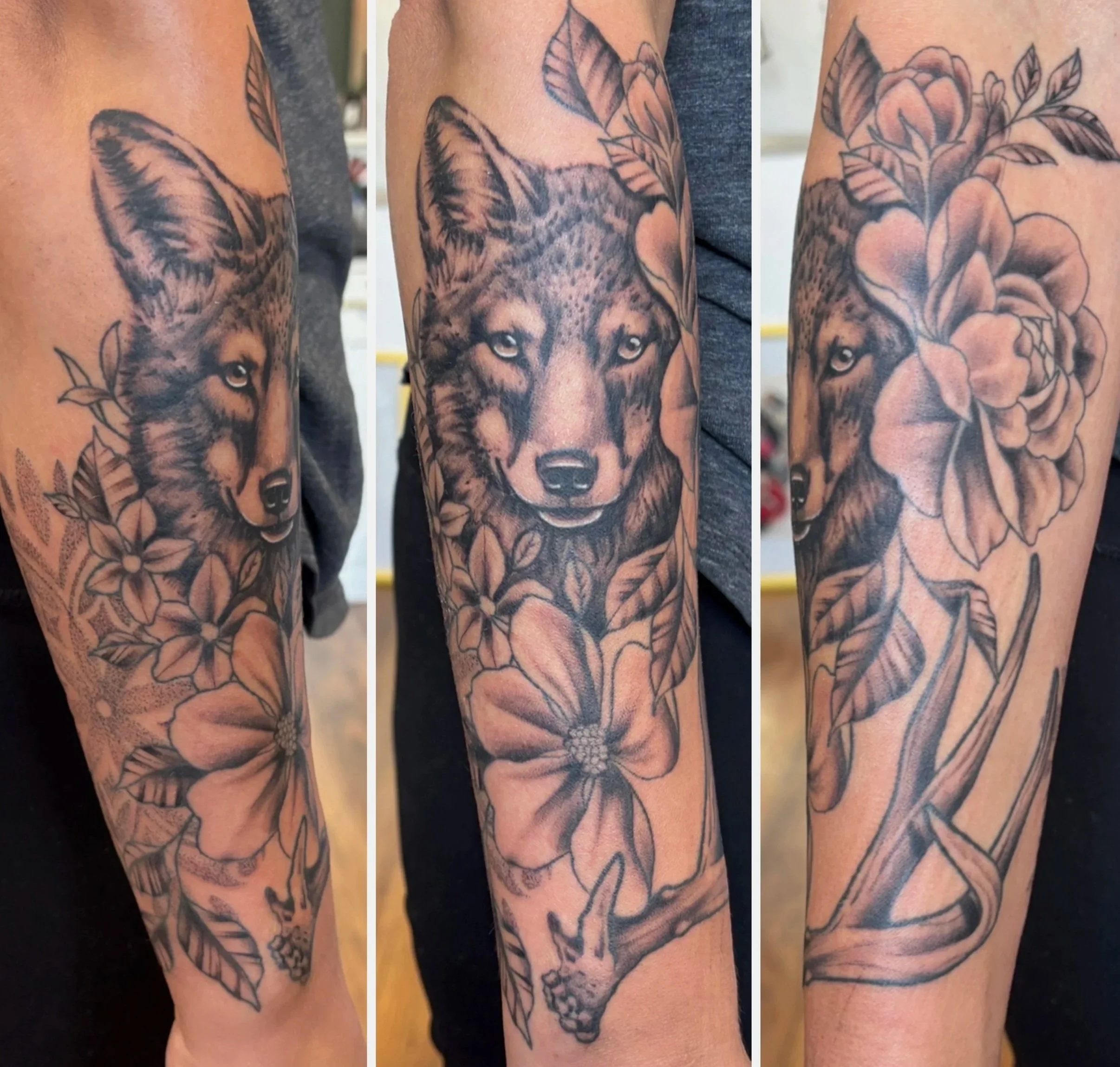 Neo-traditional coyote tattoo with antlers, flowers, and detailed botanical accents