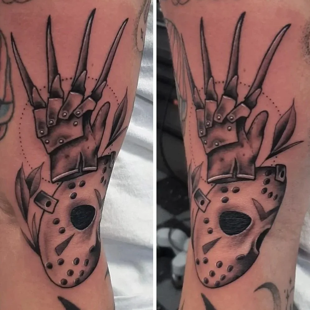 Illustrative horror tattoo with Jason Voorhees’s mask and Freddy Krueger’s claw glove in a dark neo-traditional style
