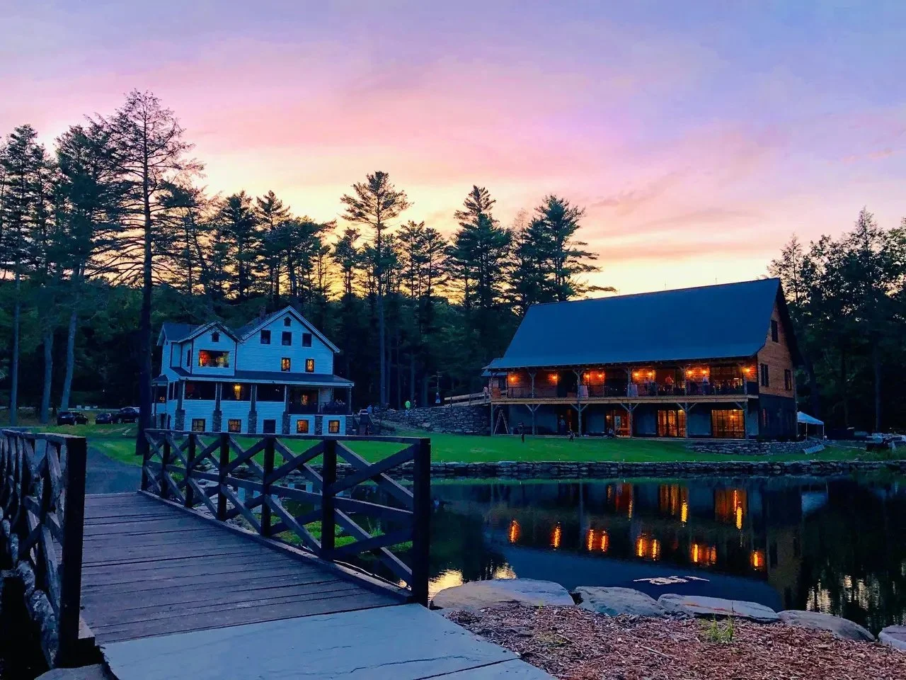 Pine Brook Manor estate at sunset