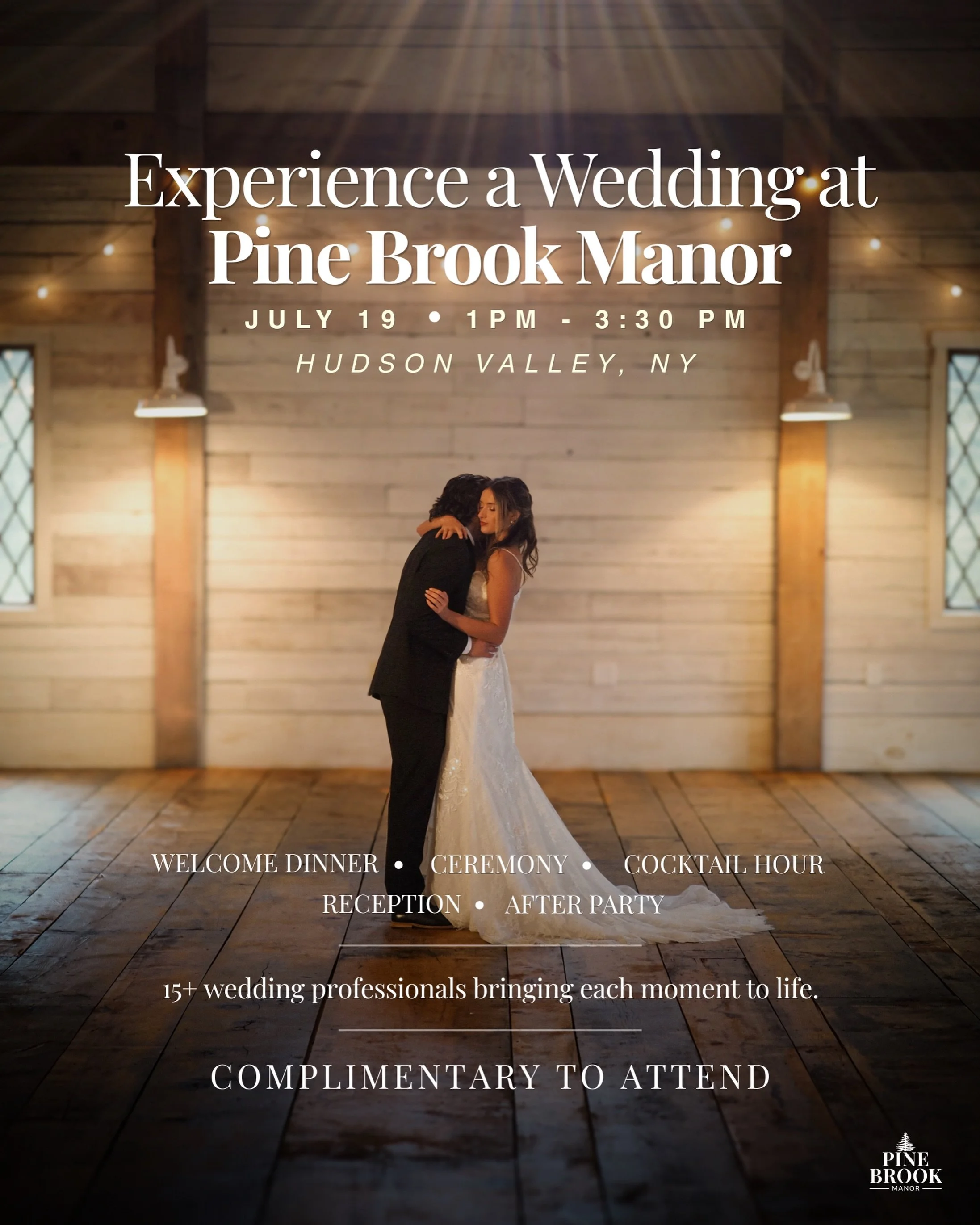 See more than a venue. Experience a wedding.

Join us on Sunday, July 19, for the Pine Brook Manor Wedding Showcase, an immersive afternoon designed to help you experience what a wedding here could actually look and feel like.

Walk through a styled 
