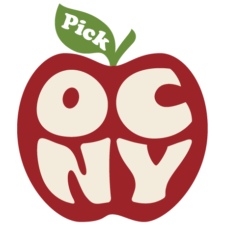 Stylized red apple with white text forming the word "Ony" inside and a green leaf labeled "Pick" on top.