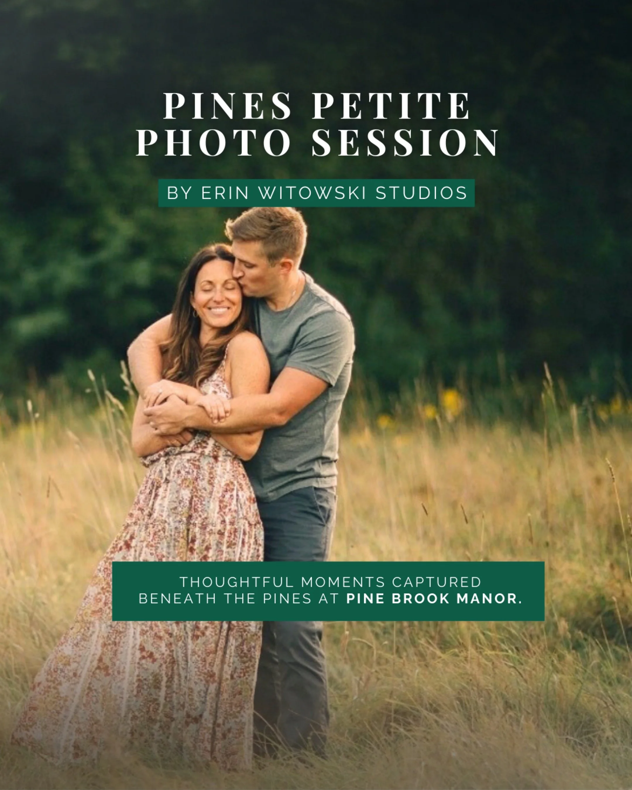 A man kisses a woman on her forehead while they embrace in a field with tall grass and trees in the background.
