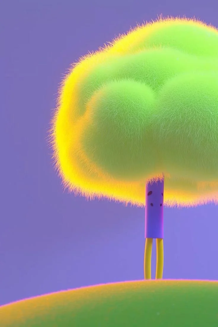 Dibujo de un árbol con un tronco morado y una copa de color verde brillante con bordes amarillos, en un fondo azul.
