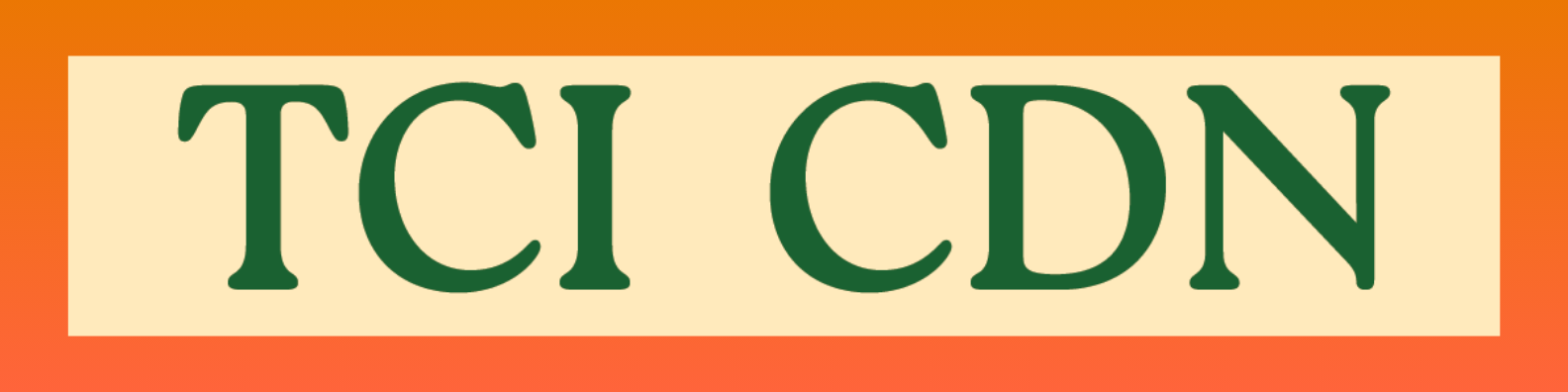 Logo avec texte 'TCI CDN' en vert sur fond beige, encadré d'une bordure orange.