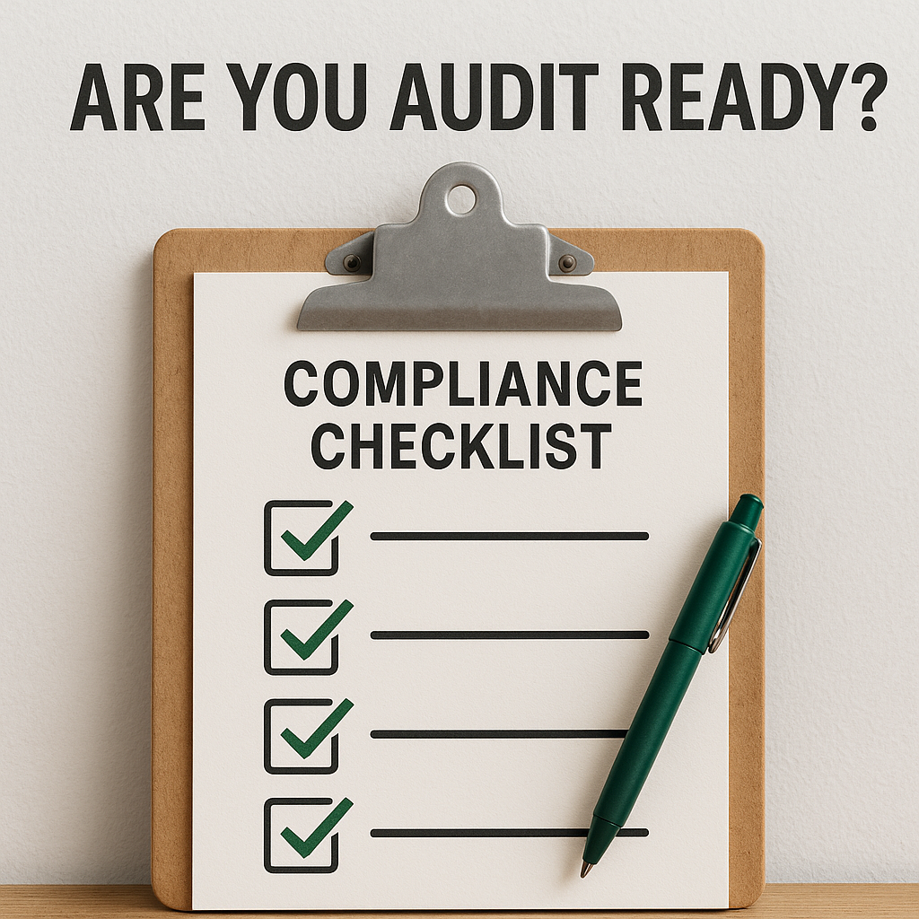 A clipboard with a compliance checklist and green checkmarks, next to a pen, with the text 'Are you audit ready?' above.