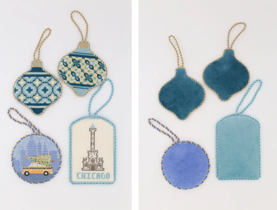 Needlepoint ornaments finished with hand dyed signature velvet