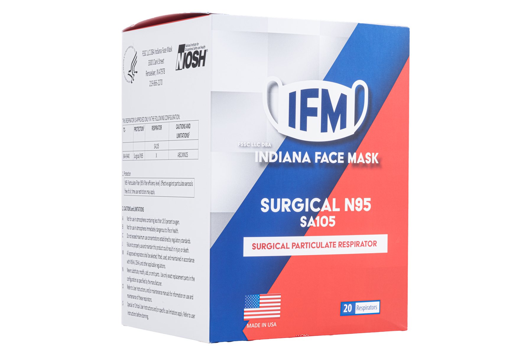 Indiana Face Mask (IFM), Surgical N95 Respirator (Model: SA105) [20 ct]