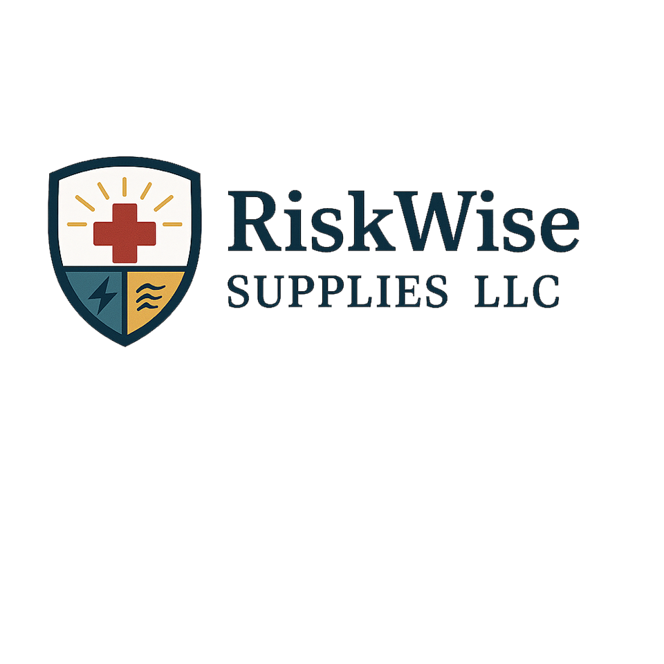 Logo for Risk Wise Supplies LLC featuring a shield with a red cross, lightning bolt, and water waves symbols.