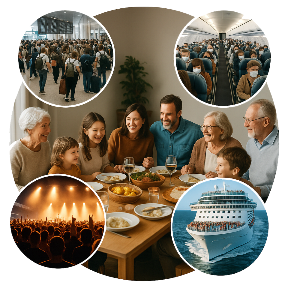 Collage of images showing a crowded airport terminal and airplane, a family enjoying a meal at home, a crowded concert, and a cruise ship at sea.