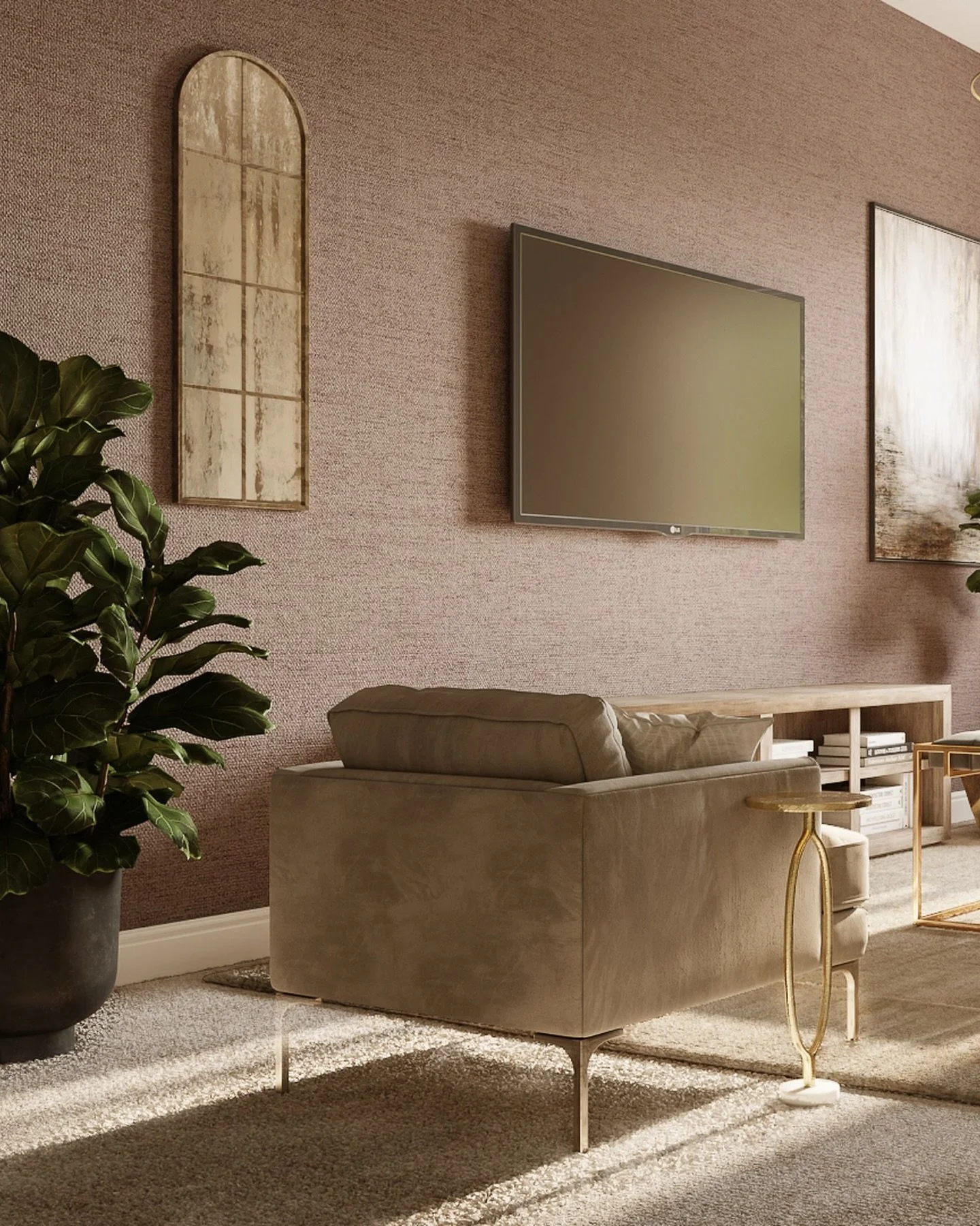 Who doesn&rsquo;t love a dusty lavender and brass tones in a living room? I started with the client&rsquo;s espresso leather sofa that had to stay and added color and pieces that created a cozy living room vibe. I layered in an abstract lines rug, mo