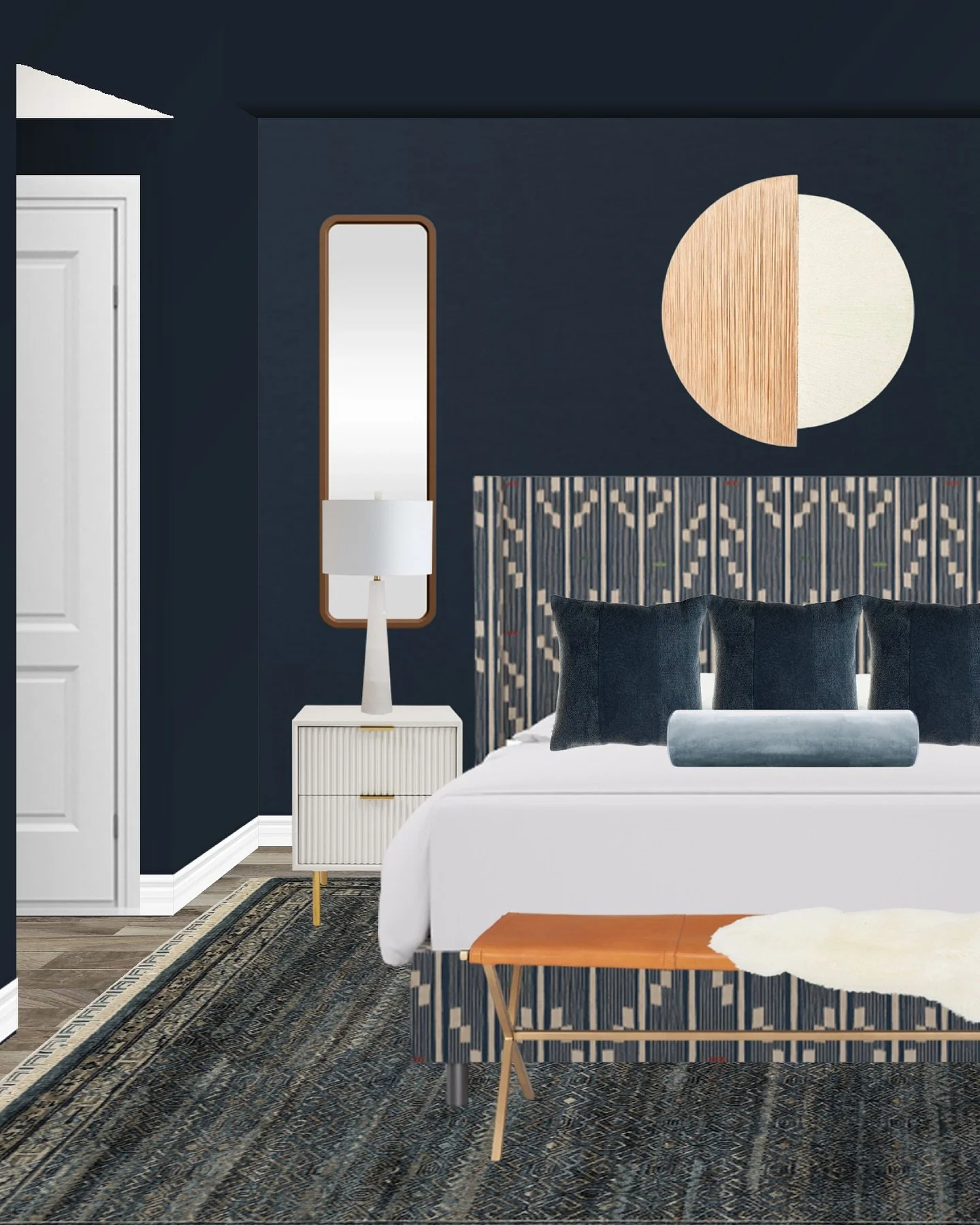 This Boho Blue Bedroom is the ultimate space to cozy up in&hellip;.I love a dark colored wall for the bedroom with a contrast of lighter furniture. It&rsquo;s the perfect mix of layered boho patterns and luxurious natural materials like marble and br