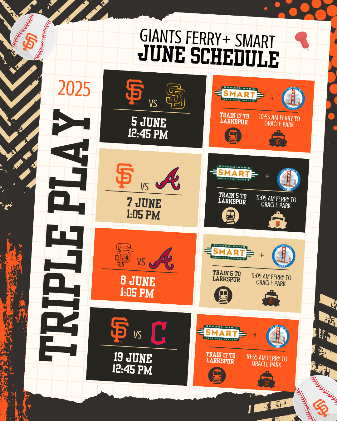 Schedule of Giants and Atlanta Braves baseball games and transportation details for June 2025, featuring matchups on June 5, 7, 8, and 19, with ferry timings from Sonoma-Marvin Smart Area Rail Transit to Oracle Park.