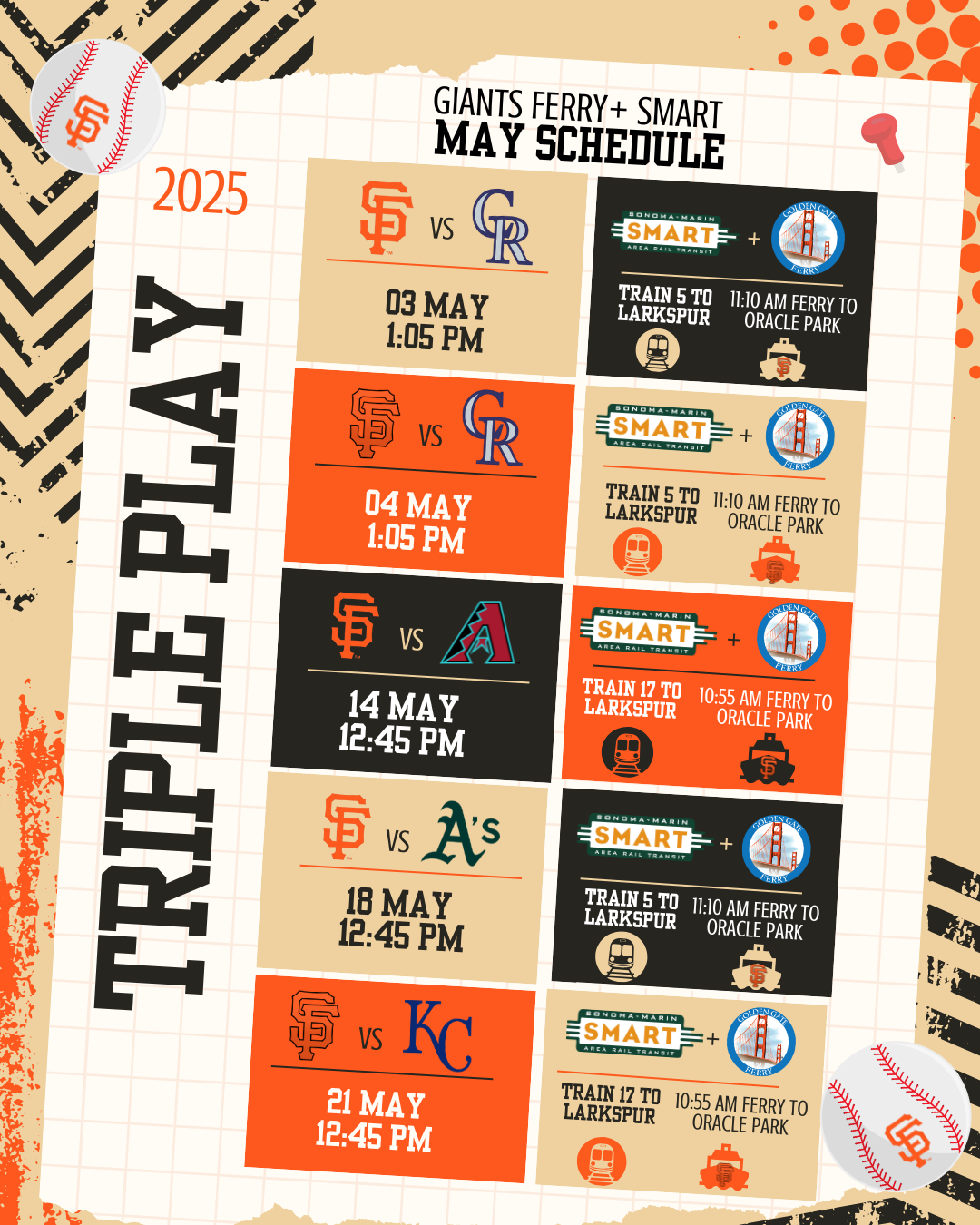 May Giants Schedule that includes the train and ferry connection.