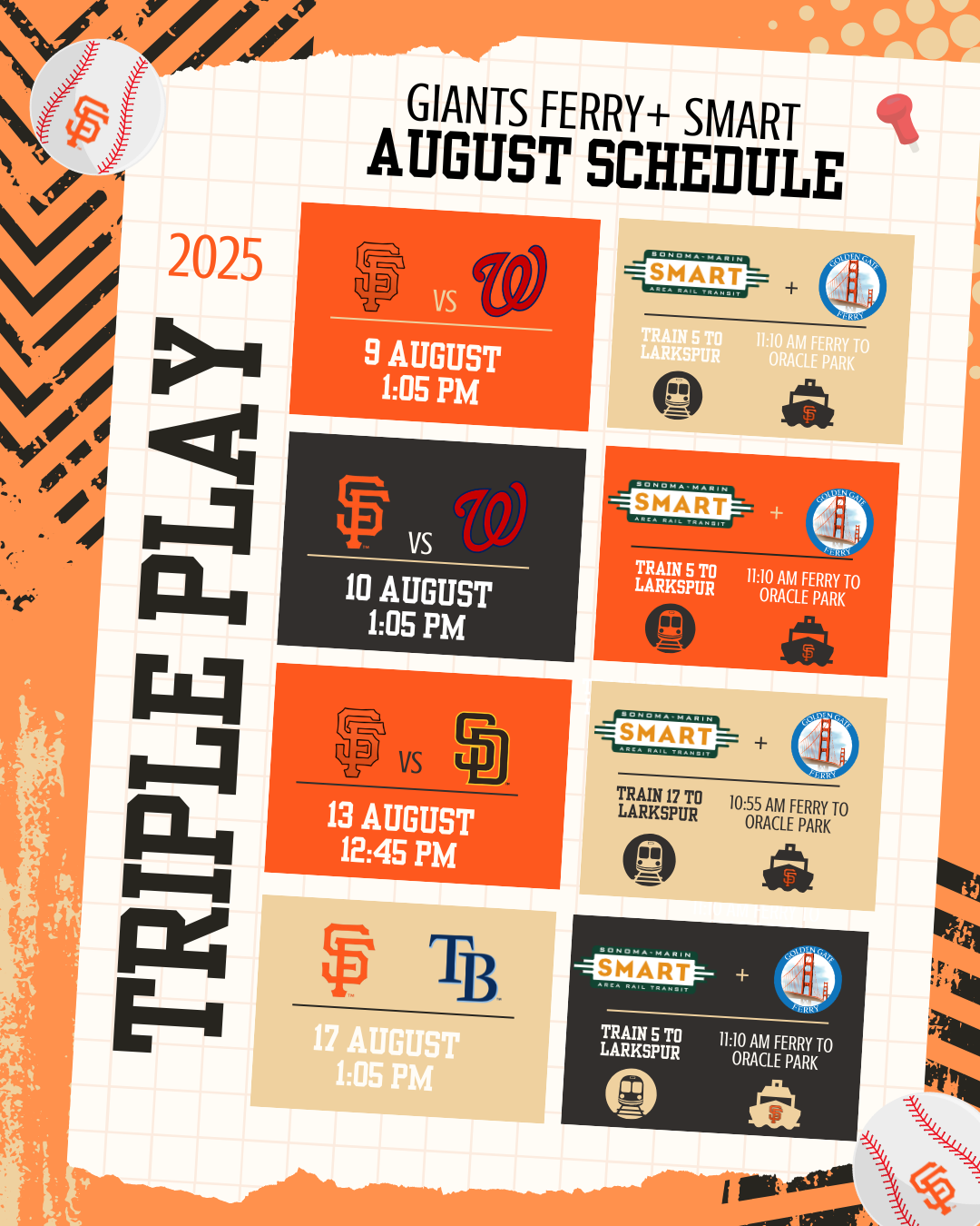 Schedule for Giants baseball games at Oracle Park in August 2023. Games against the Nationals on August 9 and 10, Padres on August 13, and Rays on August 17, with details on transportation and departure times.