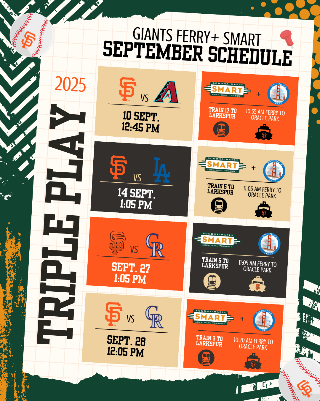Schedule poster for Giants Ferry and SMART area rail transit September games featuring baseball games on September 10, 14, 27, and 28, with game times and ferry departure times from Oracle Park.