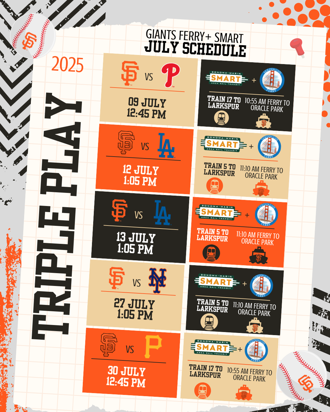 Giants baseball schedule for July 2025 featuring games against the Phillies, Dodgers, NLN, and Pirates, with game dates, times, and ferry/train transportation details.