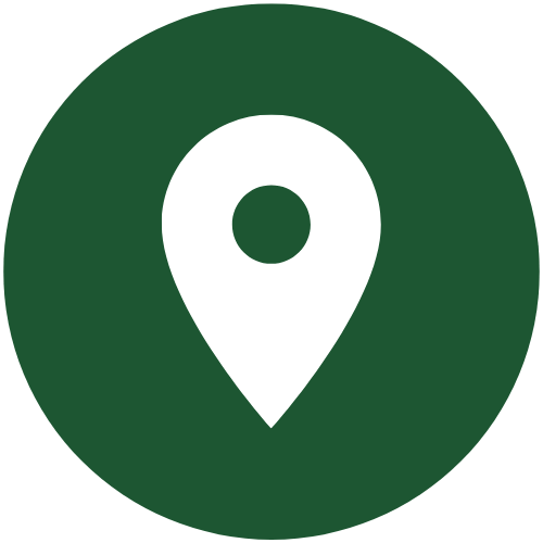 Green location pin icon on a dark green circular background.