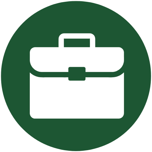 Icon of a white briefcase on a dark green circular background.
