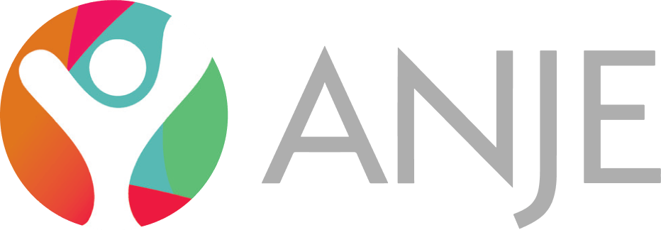 Logo with a colorful circular background and a white abstract human figure with raised arms, next to the text 'ANJE'