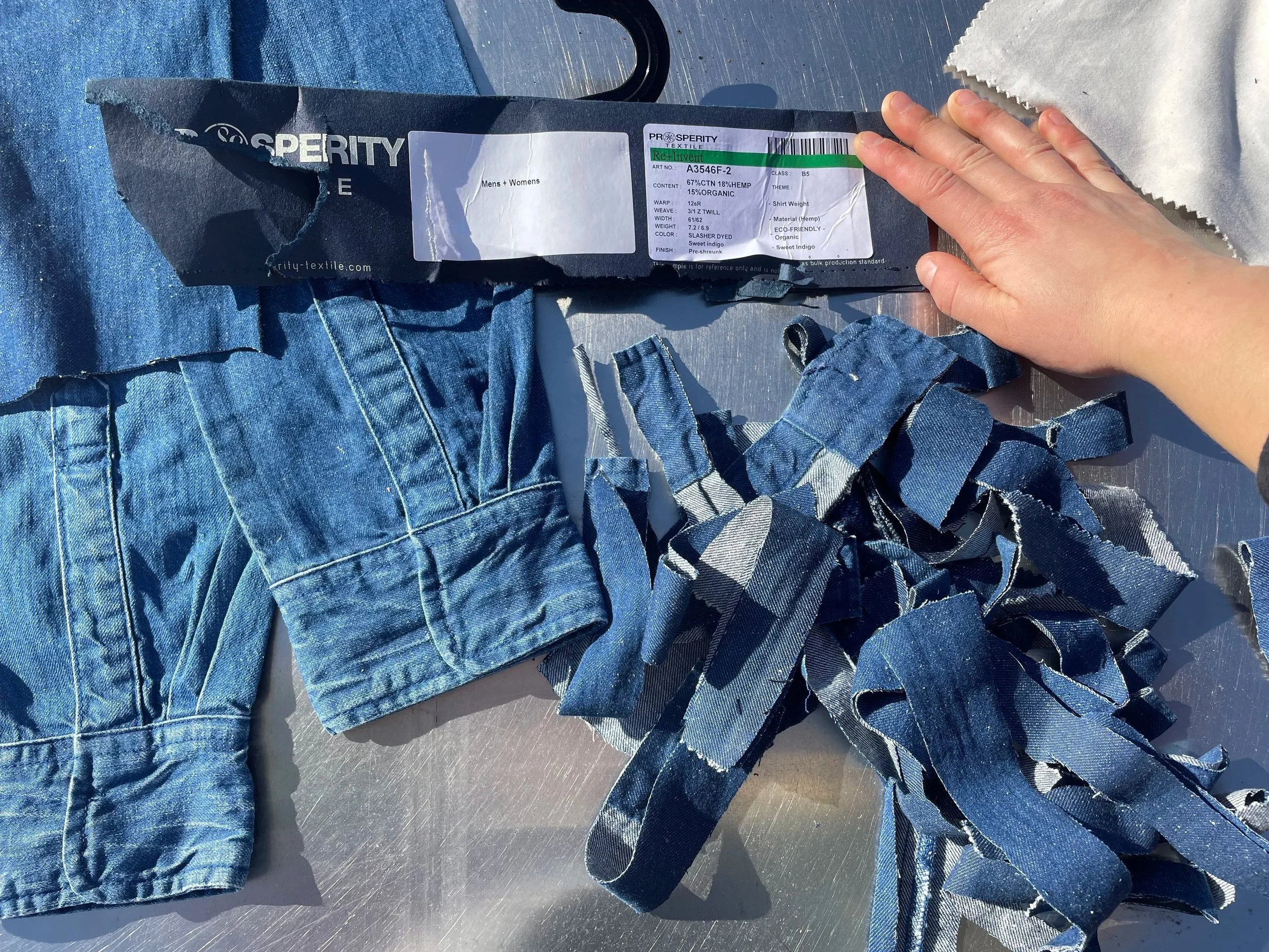 Day 1, November 25, 2024: Industrial organic hemp/cotton, indigo dyed denim swatch