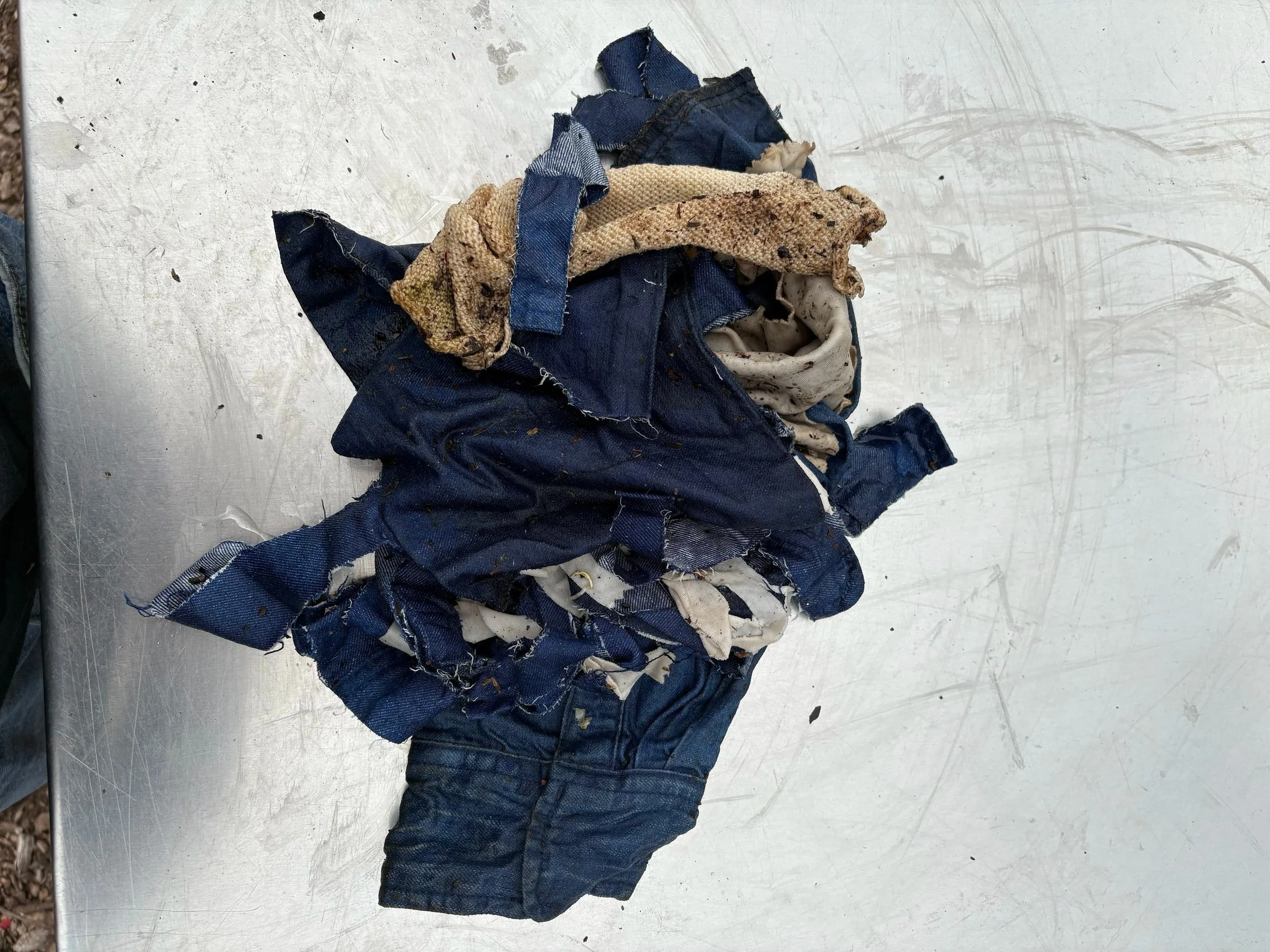 Day 17, December 9, 2024: Swatches in a pile, industrial organic hemp/cotton indigo denim cuff sample
