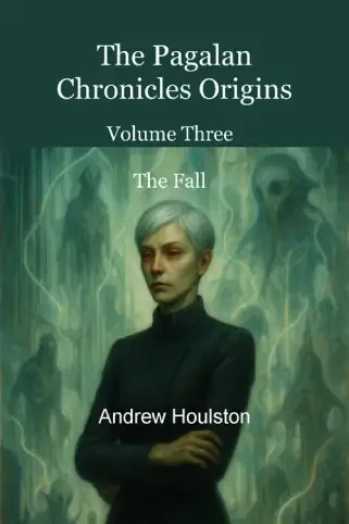 Book cover titled "The Pagalan Chronicles Origins Volume Three: The Fall" by Andrew Houlston, featuring a woman with short silver hair and red eyes, wearing a dark jacket, with a surreal, ghostly background of shadowy figures and spirits.