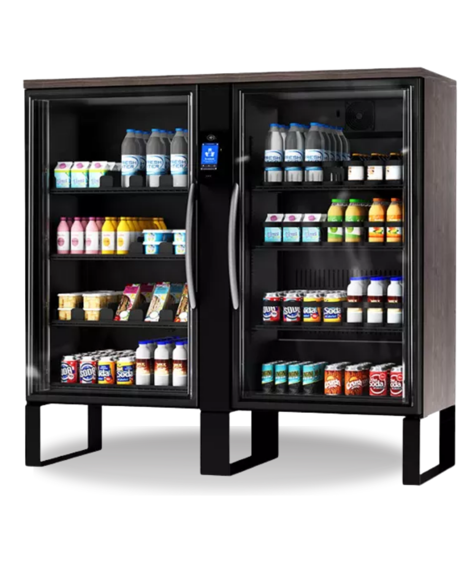 A black commercial beverage vending refrigerator filled with various bottled and canned drinks, including sodas, juices, and dairy products, with glass doors.