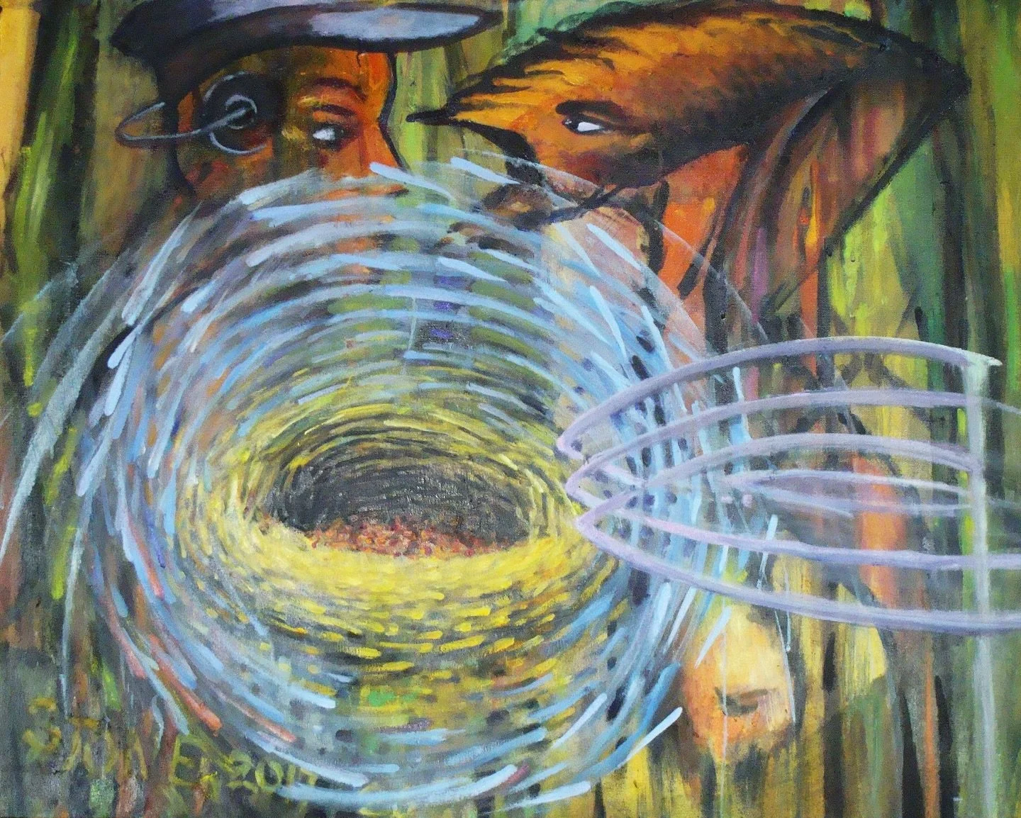 Dada Center Supervision | oil | 30 x 24 
This painting depicts the fusion of colliding economic forces resulting eventually in the absurd and terminal direction of a.i.