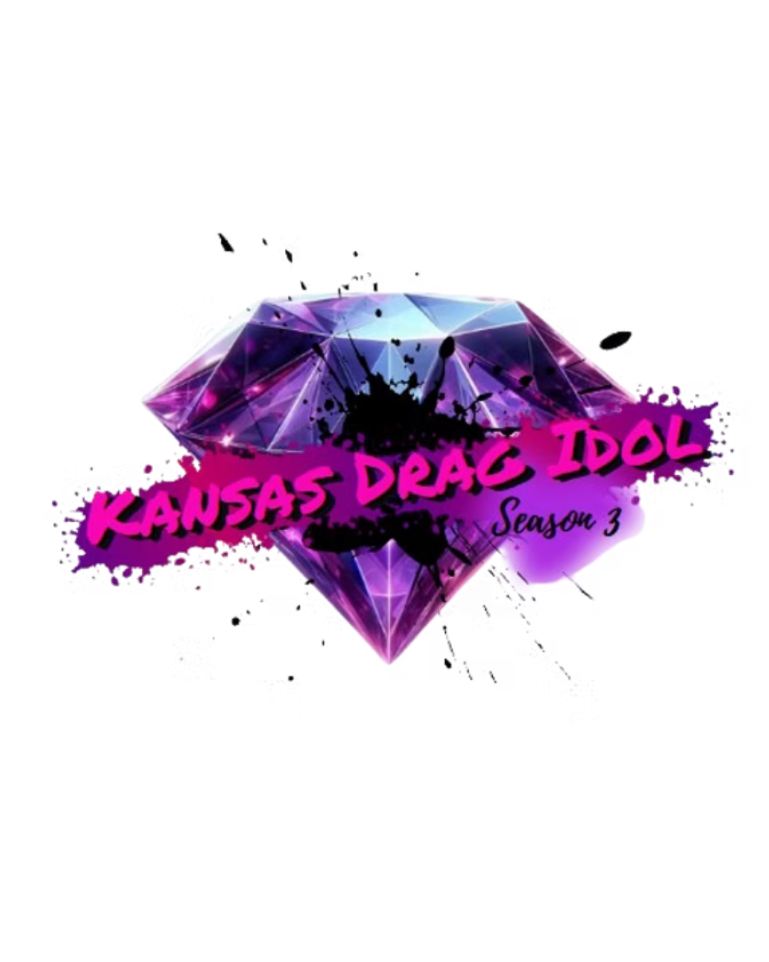 Logo for Kansas Drag Idol Season 3 featuring a purple diamond with black splatter and spray paint effects, with pink and purple text.