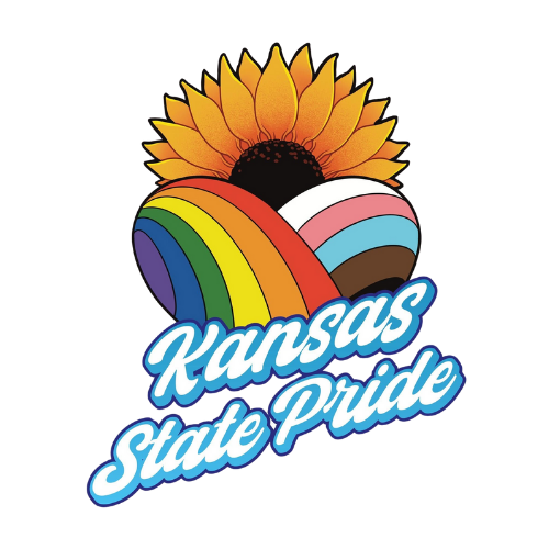 Kansas State Pride logo featuring a sunflower, rainbow, and transgender flag, with the text 'Kansas State Pride' in blue cursive.
