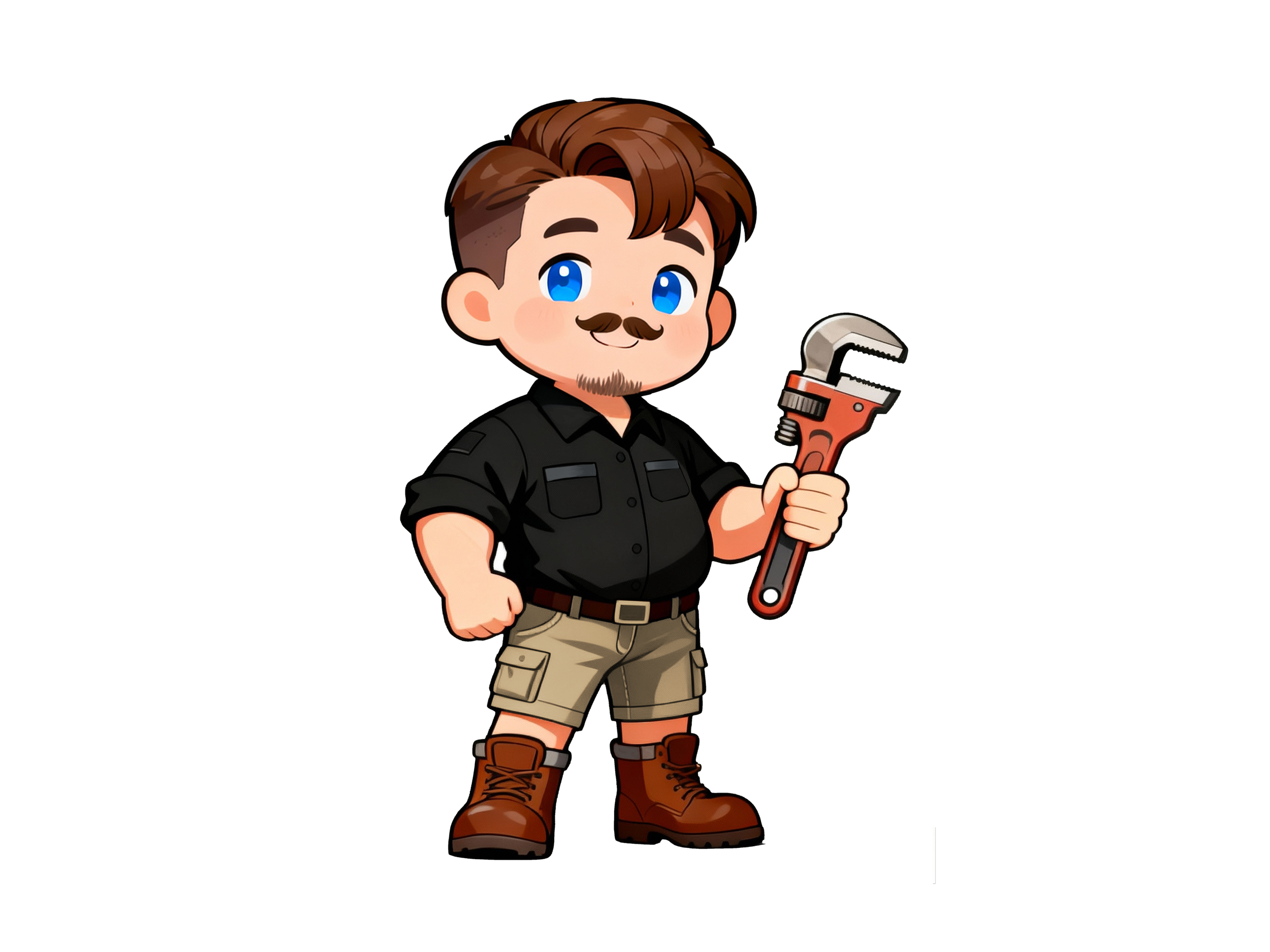 Digital cartoon illustration of a man with brown hair, blue eyes, and a mustache, wearing a black shirt, khaki shorts, and brown boots, holding a wrench.