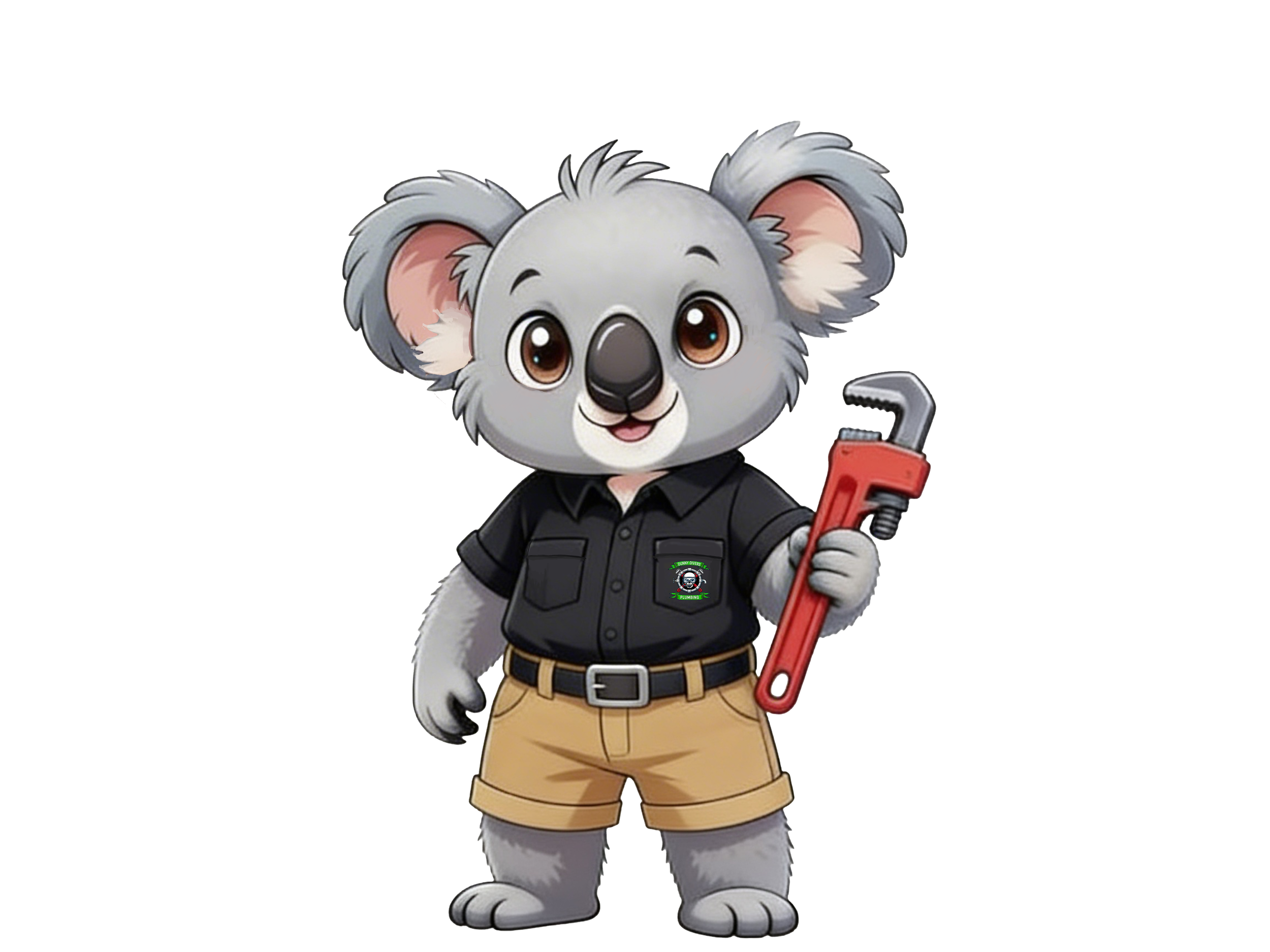 Cartoon koala mascot wearing a black work shirt with a logo, khaki shorts, and holding a large red pipe wrench.