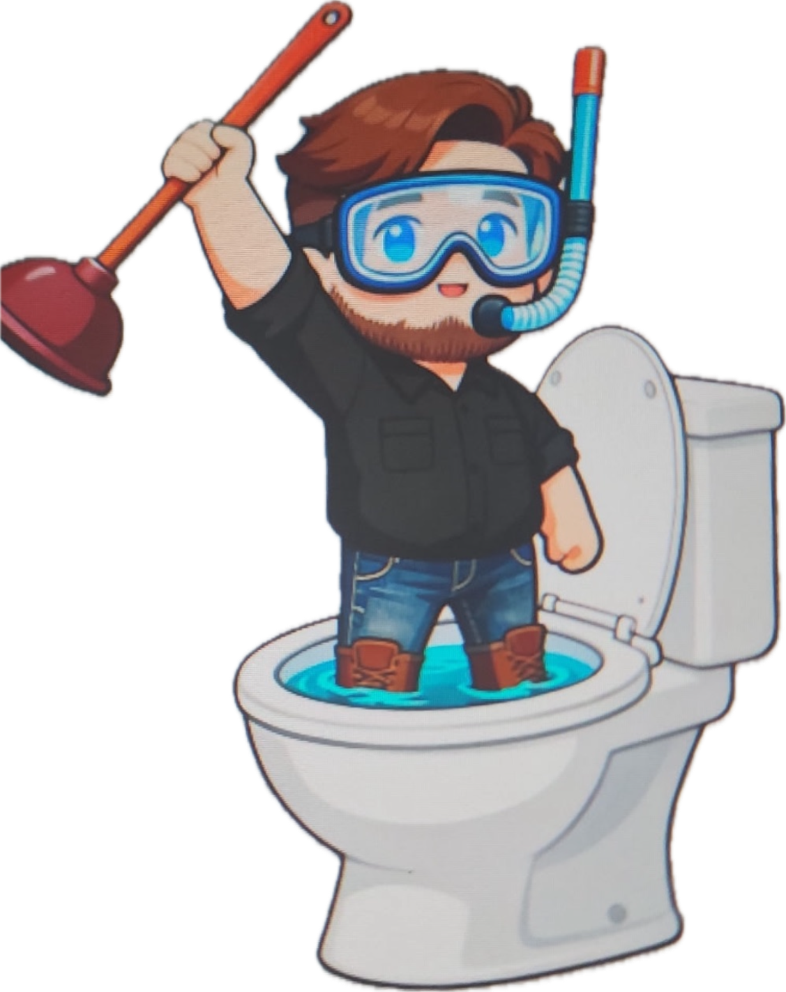 Cartoon illustration of a man in a black shirt and jeans, wearing a snorkel mask and fins, standing in a toilet bowl filled with water, holding a plunger in one hand.