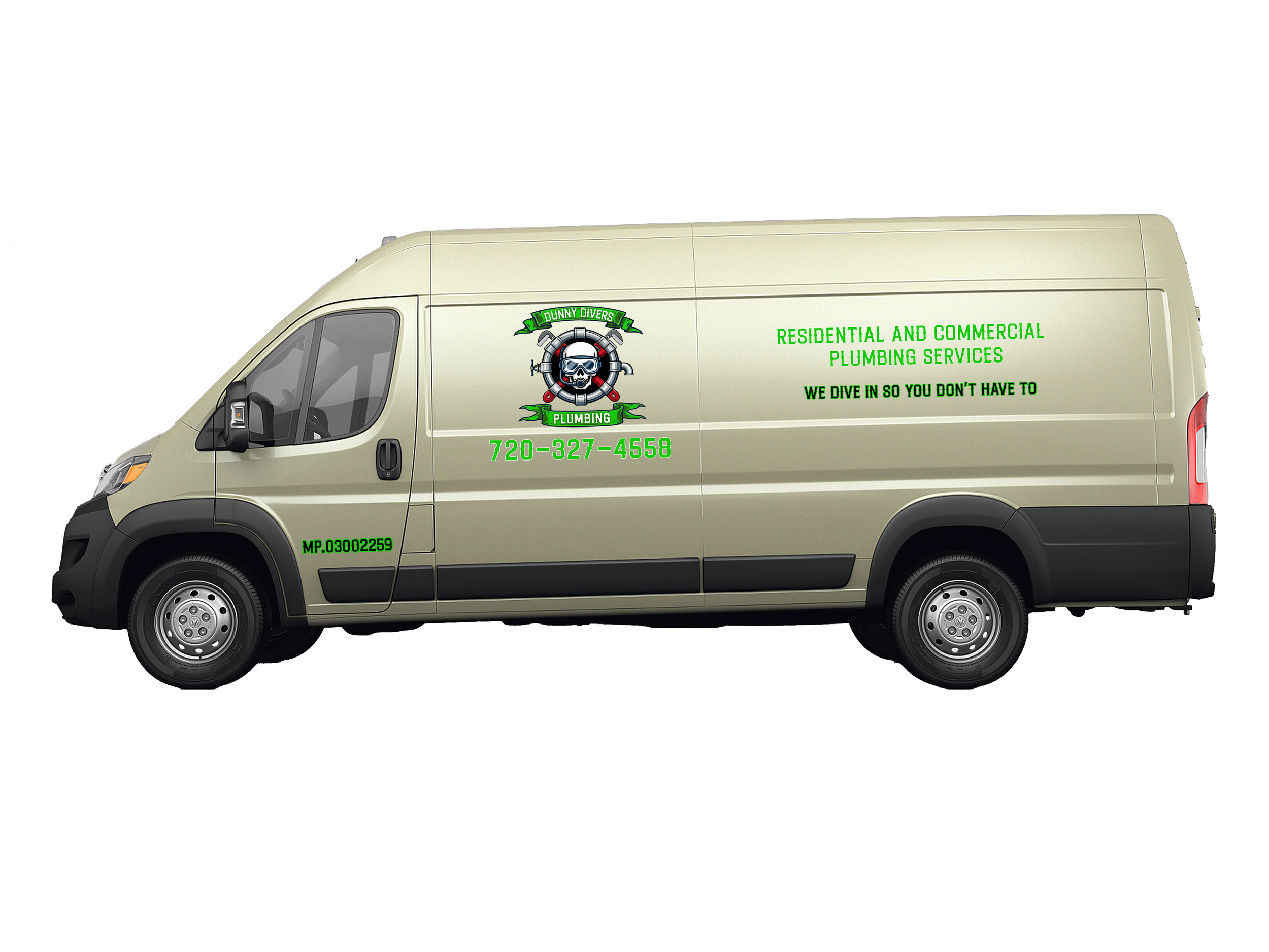 A beige commercial van with the logo and contact information of Dunny Divers Plumbing Services on the side.
