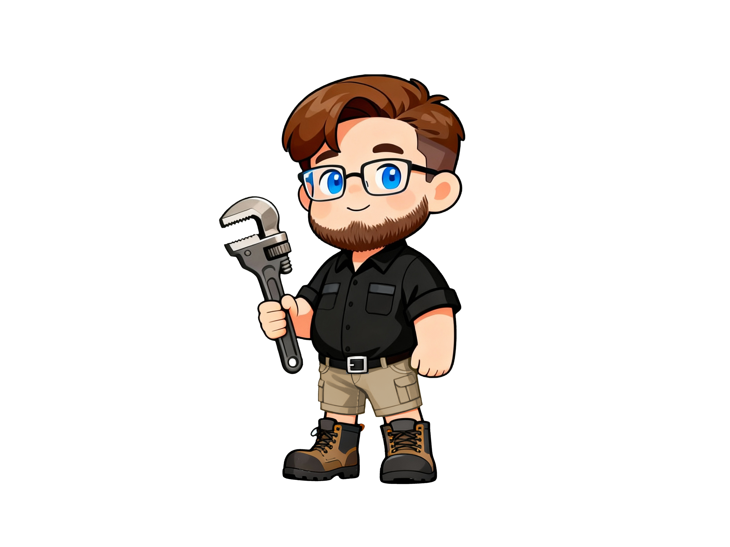 Cartoon of a male character with brown hair, glasses, a beard, black shirt, khaki shorts, hiking boots, holding a wrench.