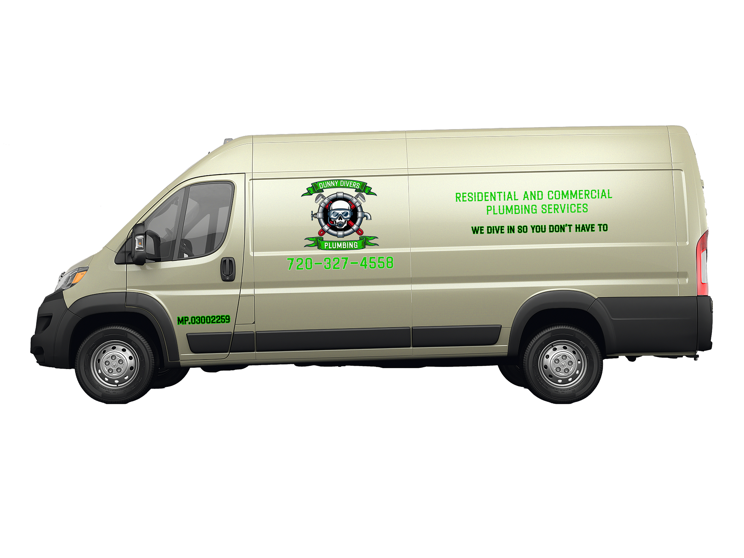 A beige service van with business branding for residential and commercial plumbing services, including a phone number and logo with a skull wearing goggles, surrounded by pipes and a green banner reading 'Dunny Divers JK Plumbing'.