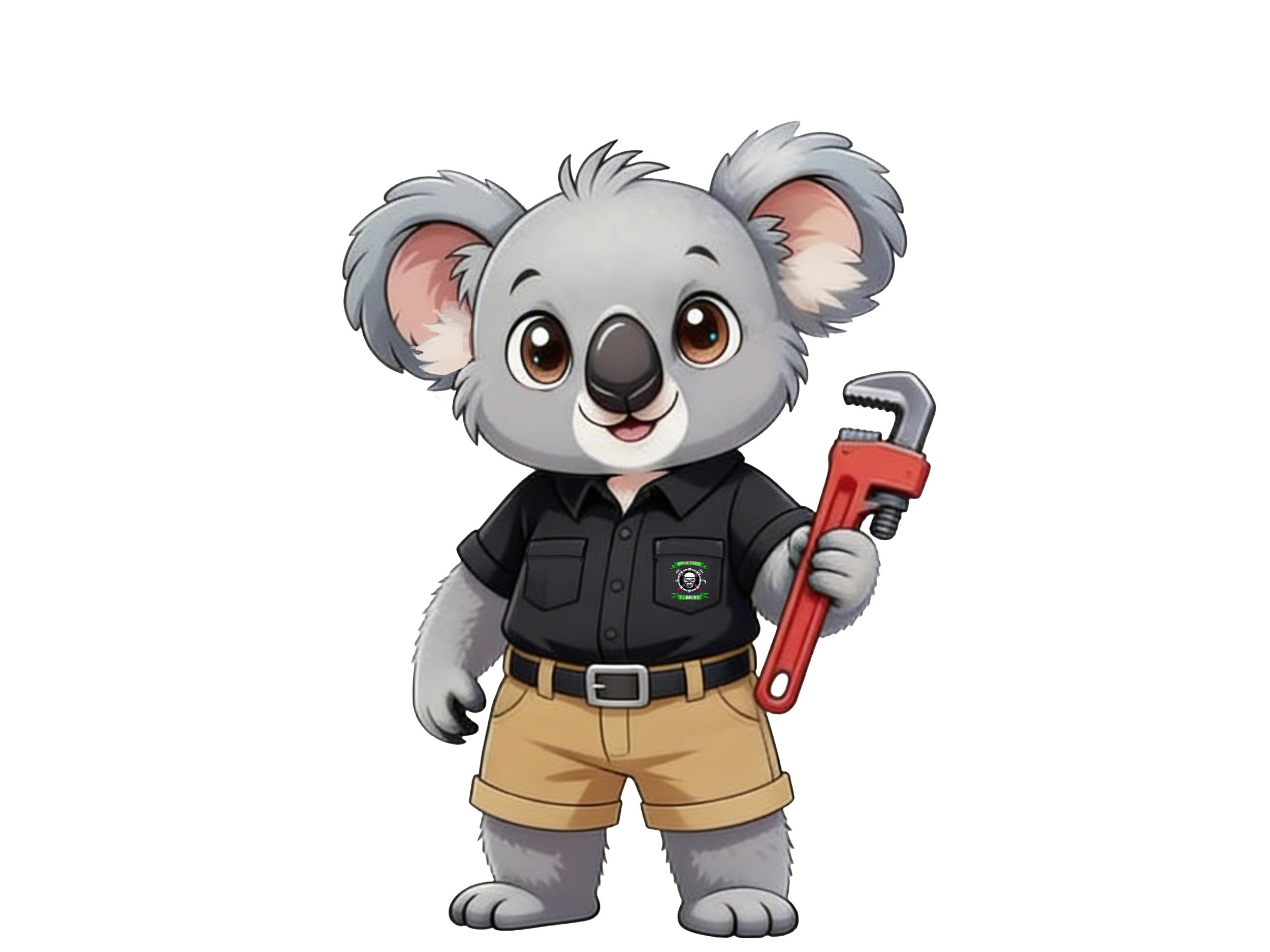 Cartoon koala wearing a black work shirt with a plumbing logo, khaki shorts, and holding a red pipe wrench.