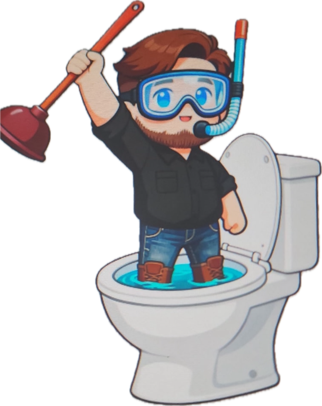 Cartoon illustration of a man with brown hair, beard, wearing a diving mask, snorkel, black shirt, jeans, and brown boots, standing in a toilet filled with water, holding a plunger.