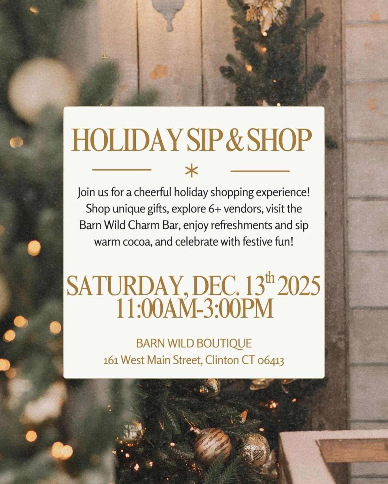 Mark your calendars! ✨
Holiday Sip &amp; Shop &bull; Dec. 13th &bull; 11&ndash;3PM 🎄
Curated vendors, holiday gifting essentials, Barn Wild&rsquo;s Charm Bar &amp; all the cozy magic of the season. 🎁